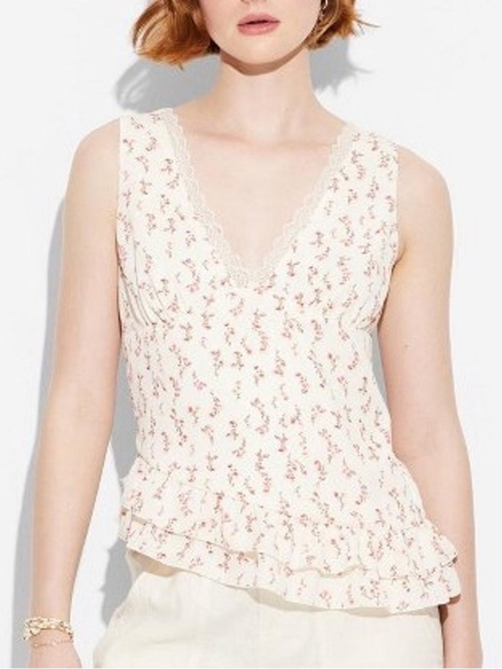 Wild Fable Cream/ Floral Asymmetrical Flounce Sleeveless Blouse/ Tank Top